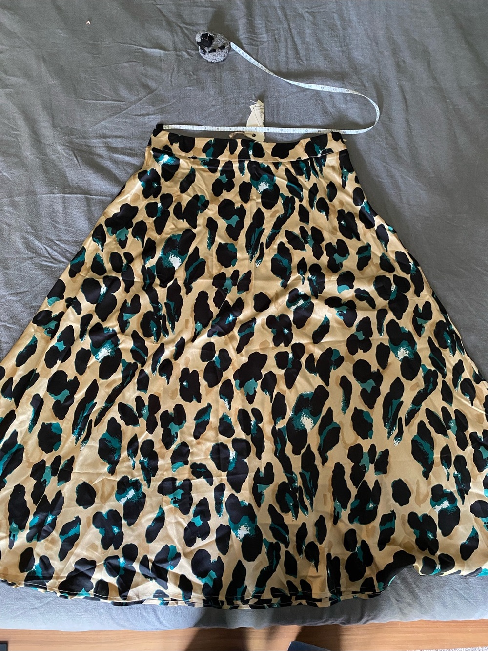 Teal & Tan Leopard A-Line Satin Skirt